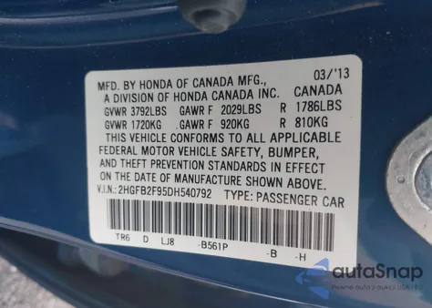 2013 Honda Civic Ex-L из США, поврежденный, VIN 2HGFB2F95DH540792